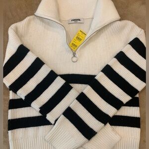 RSQ White and Black Striped Zip-Up Sweater